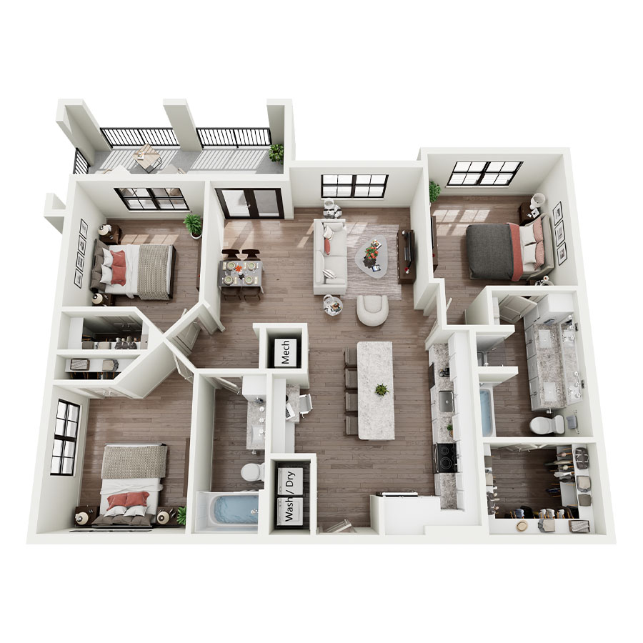 Rendering of the C1A floor plan with 3 bedroom[s] and 2 bathroom[s] at Silo Morrison Ranch