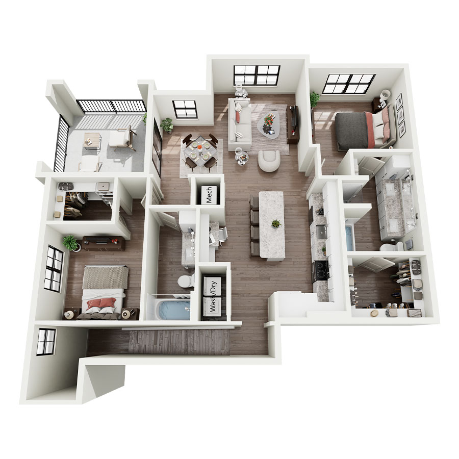 Rendering of the B3A floor plan with 2 bedroom[s] and 2 bathroom[s] at Silo Morrison Ranch