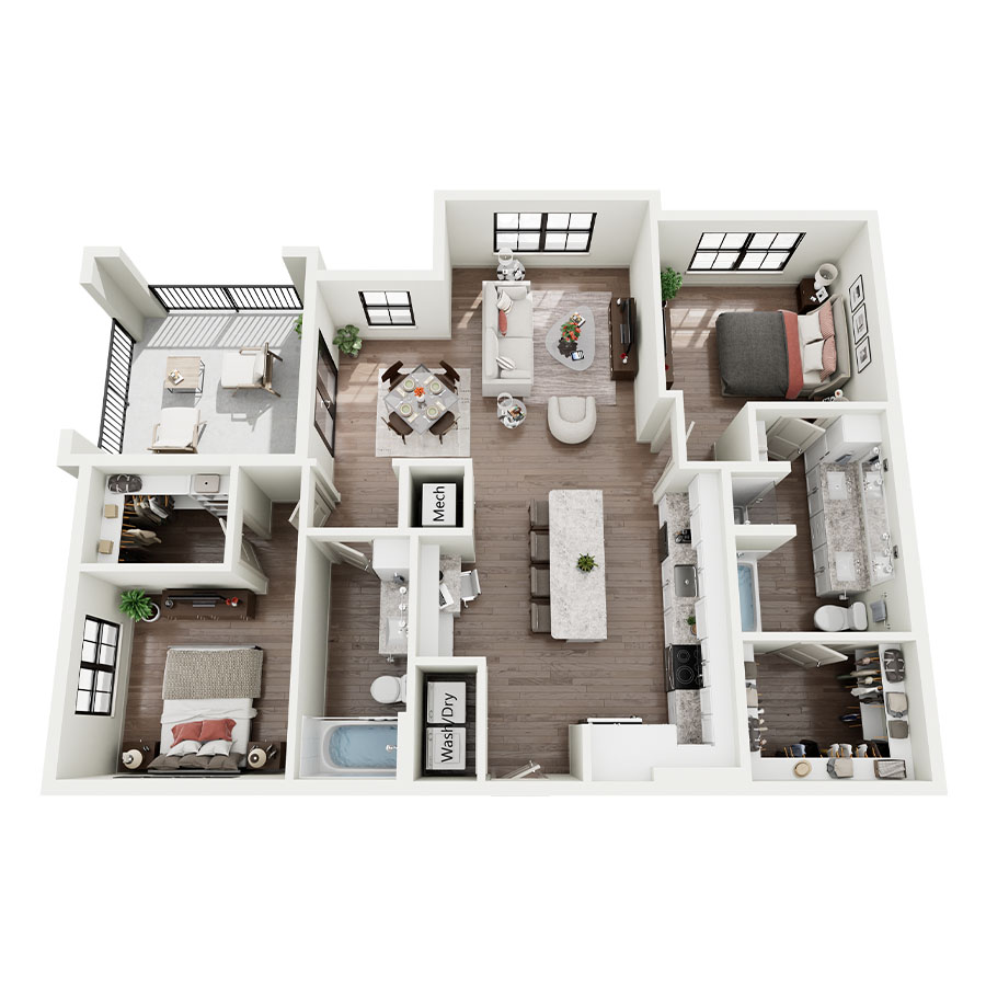 Rendering of the B3 floor plan with 2 bedroom[s] and 2 bathroom[s] at Silo Morrison Ranch