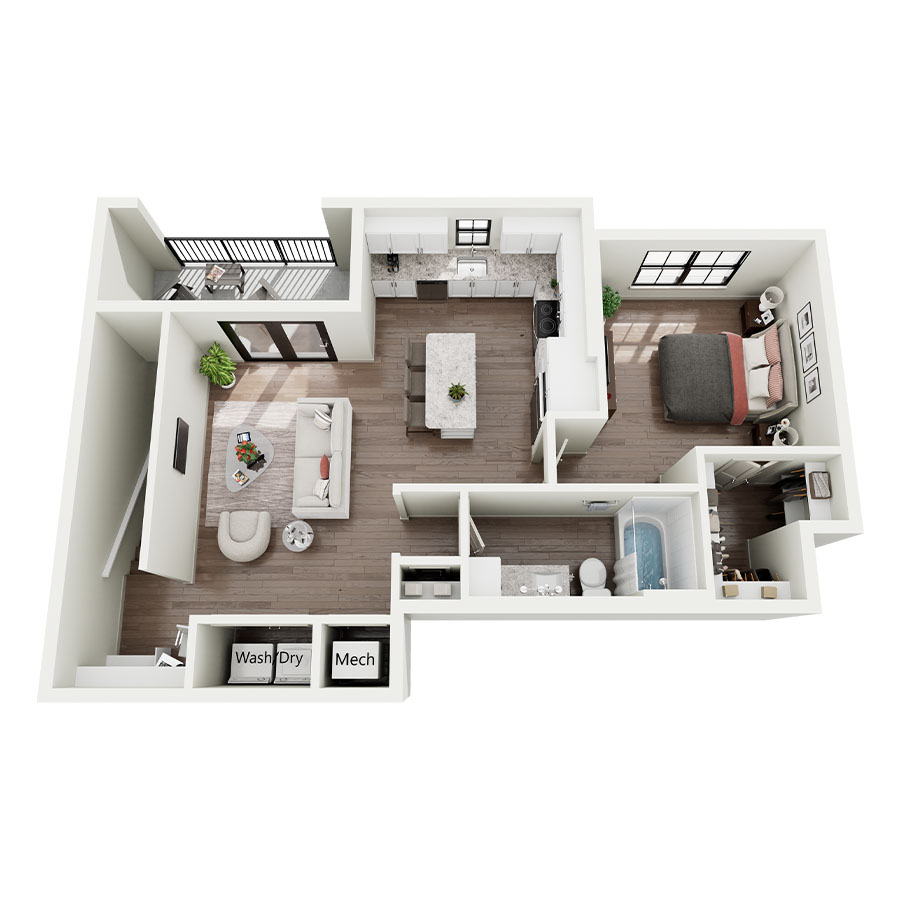Rendering of the A1A floor plan with 1 bedroom[s] and 1 bathroom[s] at Silo Morrison Ranch