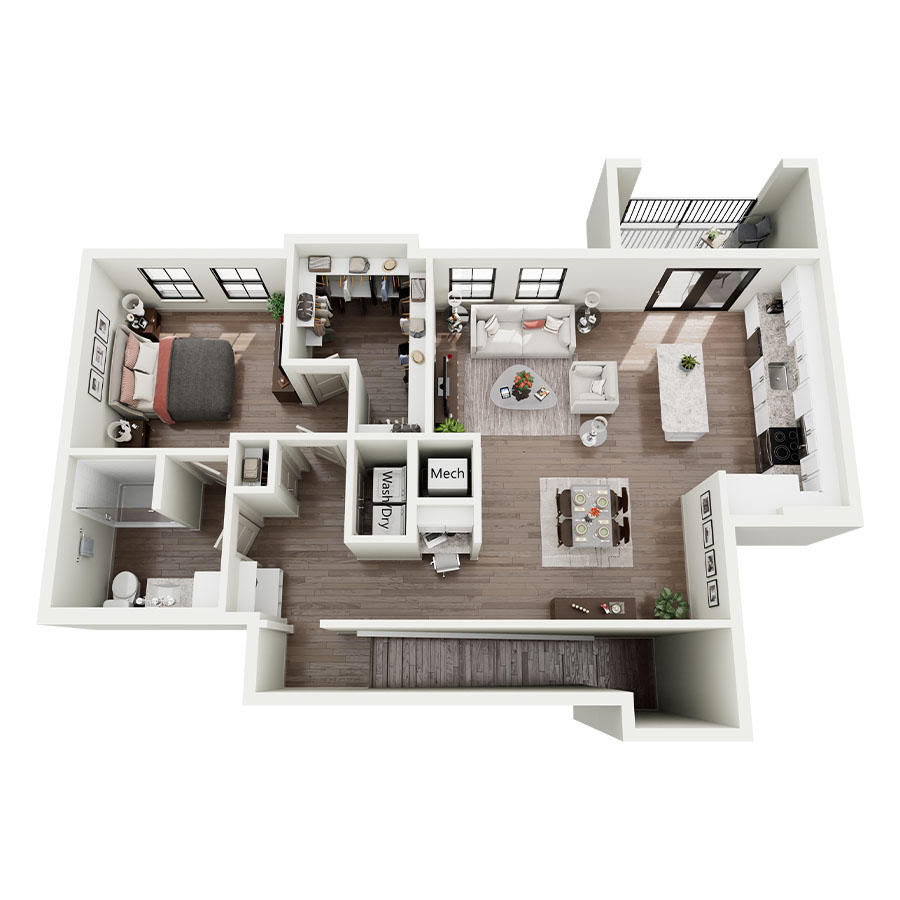 Rendering of the A3A floor plan with 1 bedroom[s] and 1 bathroom[s] at Silo Morrison Ranch