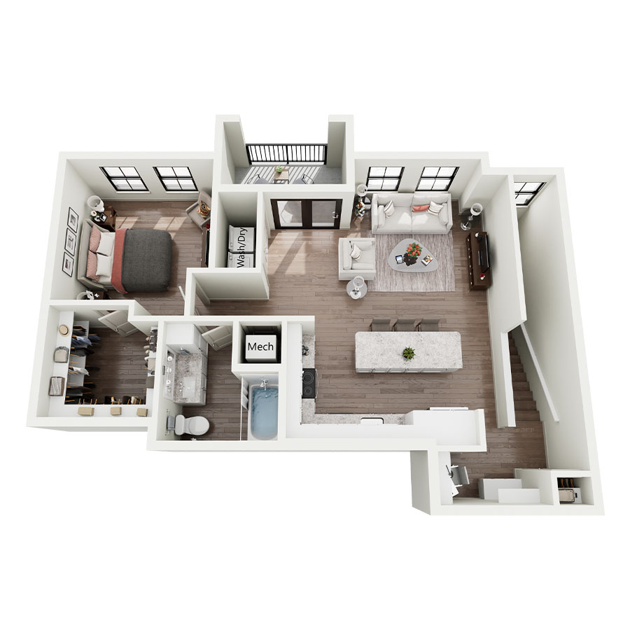 Rendering of the A2B floor plan with 1 bedroom[s] and 1 bathroom[s] at Silo Morrison Ranch