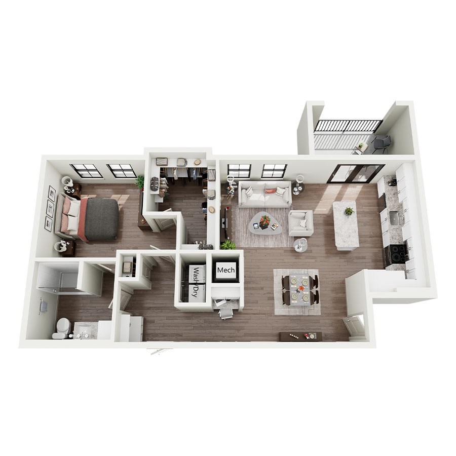 Rendering of the A3B floor plan with 1 bedroom[s] and 1 bathroom[s] at Silo Morrison Ranch