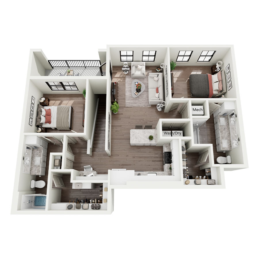 Rendering of the B1 floor plan with 2 bedroom[s] and 2 bathroom[s] at Silo Morrison Ranch