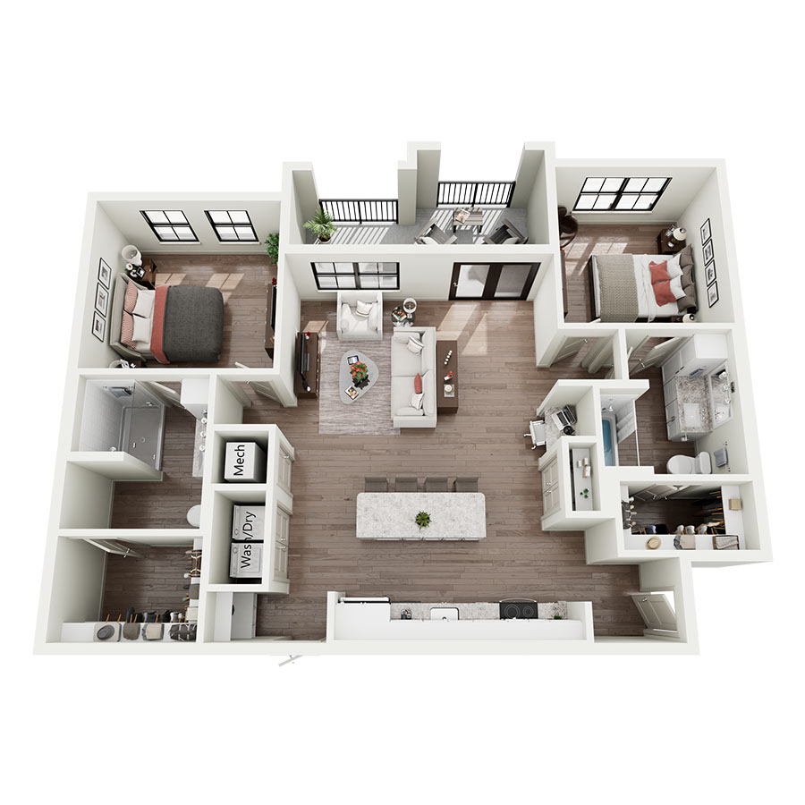 Rendering of the B2 floor plan with 2 bedroom[s] and 2 bathroom[s] at Silo Morrison Ranch